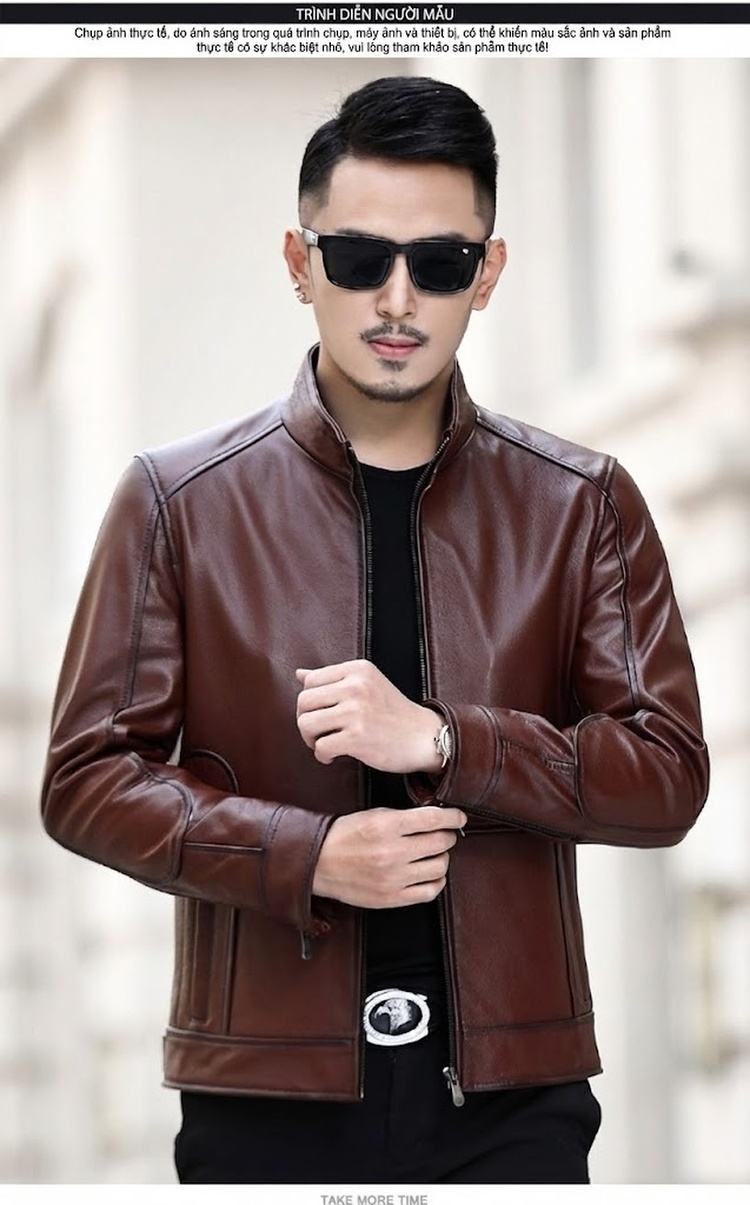 Áo Khoác Da Bò Nam Kiểu Motor Biker Dáng Ôm Cổ Trụ Màu Nâu, Đen chi tiết 16