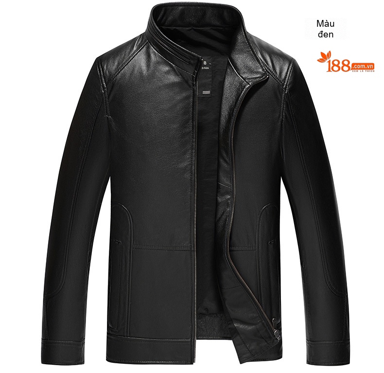 Áo Khoác Da Bò Nam Kiểu Motor Biker Dáng Ôm Cổ Trụ Màu Nâu, Đen chi tiết 13