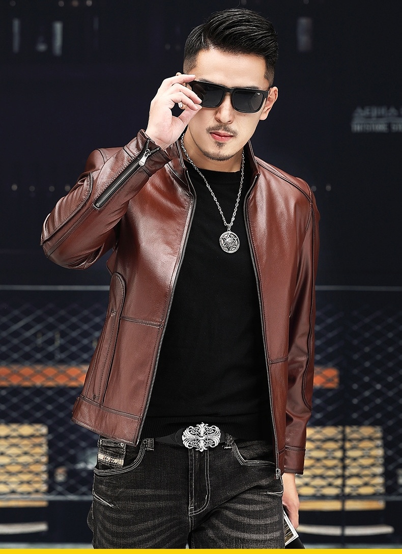 Áo Khoác Da Bò Nam Kiểu Motor Biker Dáng Ôm Cổ Trụ Màu Nâu, Đen chi tiết 3