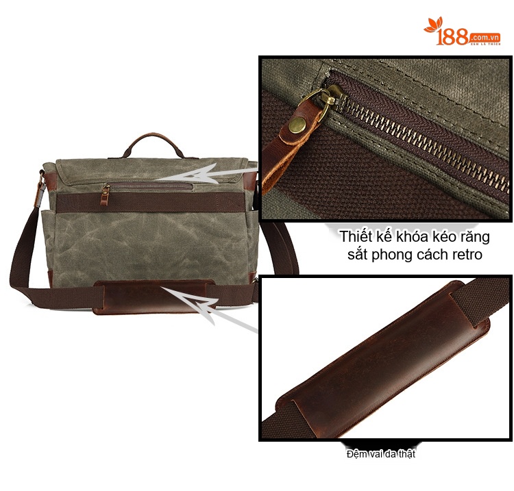 Túi Đeo Chéo Nam Vải Canvas Sáp Ong Phối Da Màu Xanh Rêu, Xám, Đen, Nâu... chi tiết 6