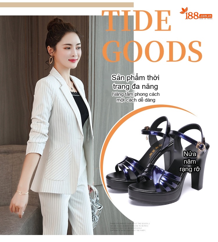 Giày Sandal Cao Gót Nữ Quai Ngang Da Bóng Gót Cao 10cm Màu Xanh Dương, Đen, Đỏ, Trắng... chi tiết 6