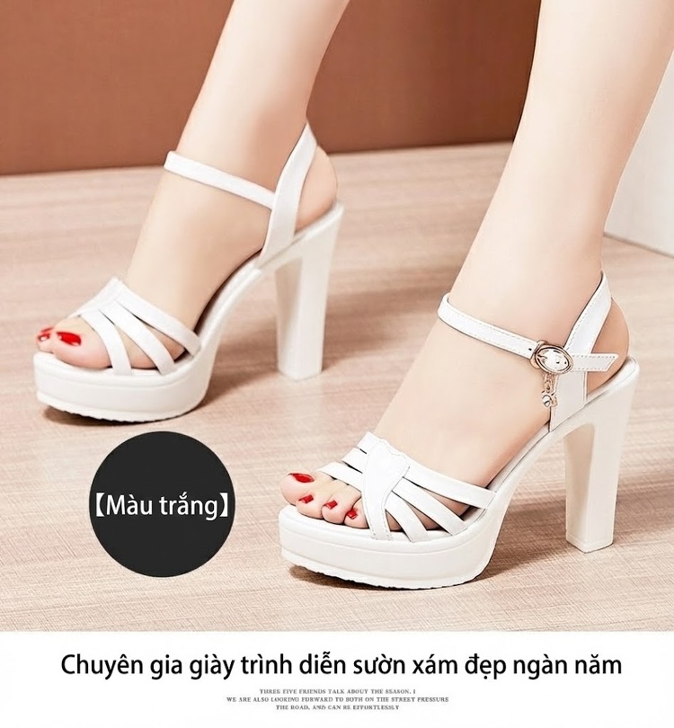 Giày Sandal Cao Gót Nữ Quai Ngang Da Bóng Gót Cao 10cm Màu Xanh Dương, Đen, Đỏ, Trắng... chi tiết 14