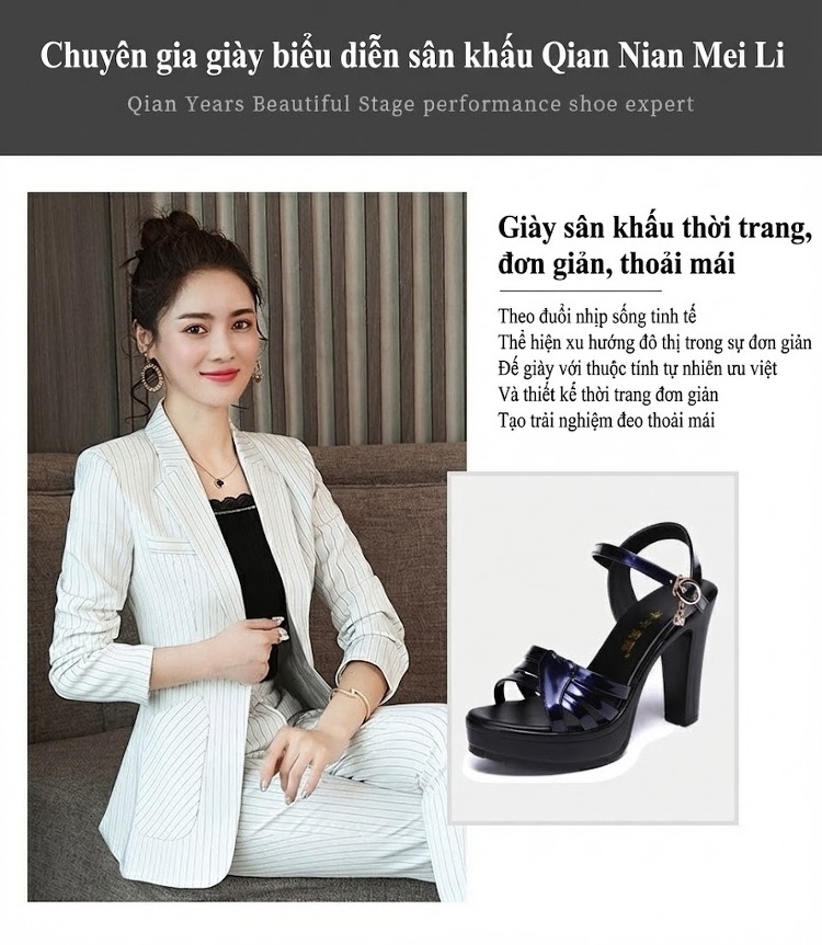 Giày Sandal Cao Gót Nữ Quai Ngang Da Bóng Gót Cao 10cm Màu Xanh Dương, Đen, Đỏ, Trắng... chi tiết 2
