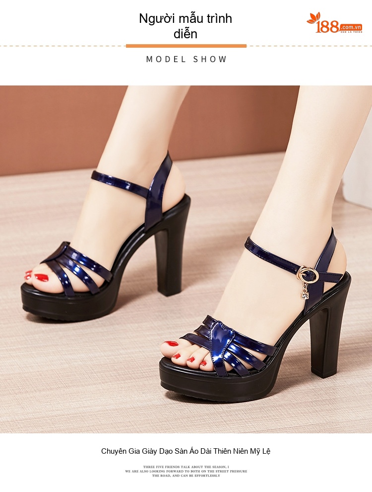 Giày Sandal Cao Gót Nữ Quai Ngang Da Bóng Gót Cao 10cm Màu Xanh Dương, Đen, Đỏ, Trắng... chi tiết 10