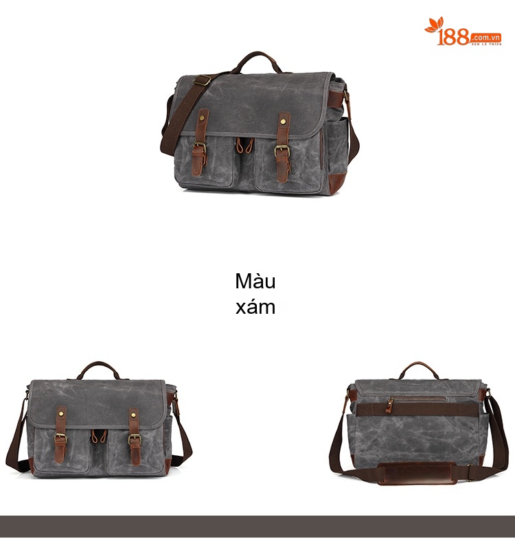 Túi Đeo Chéo Nam Vải Canvas Sáp Ong Phối Da Màu Xanh Rêu, Xám, Đen, Nâu... chi tiết 2