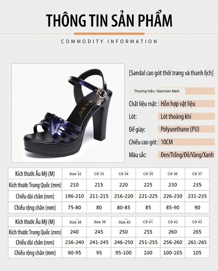 Giày Sandal Cao Gót Nữ Quai Ngang Da Bóng Gót Cao 10cm Màu Xanh Dương, Đen, Đỏ, Trắng... chi tiết 4