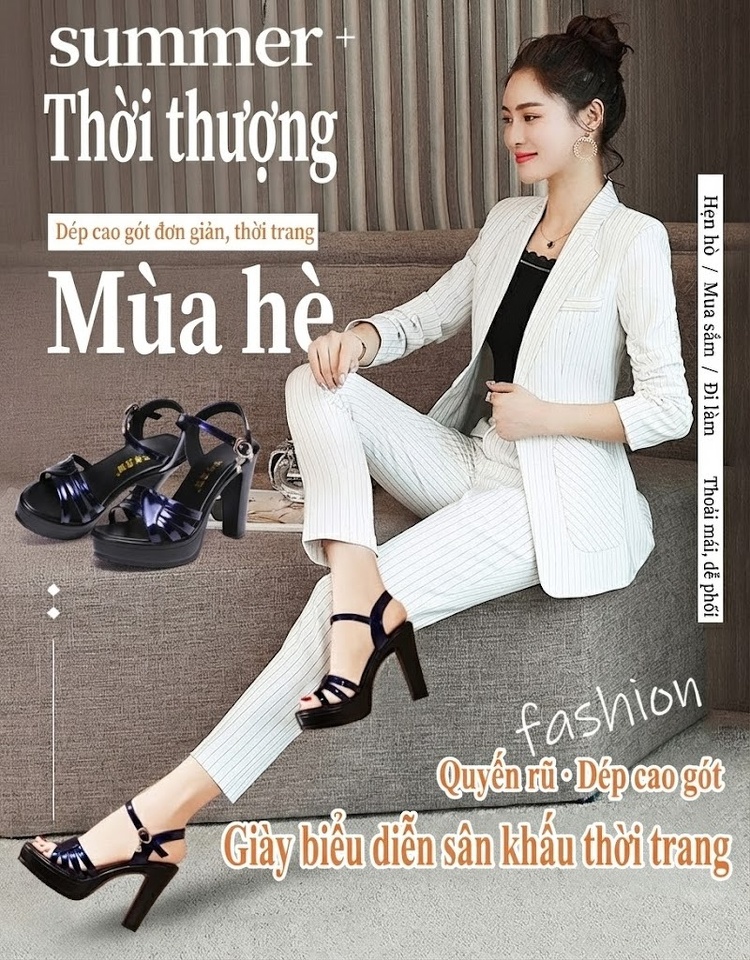 Giày Sandal Cao Gót Nữ Quai Ngang Da Bóng Gót Cao 10cm Màu Xanh Dương, Đen, Đỏ, Trắng... chi tiết 1