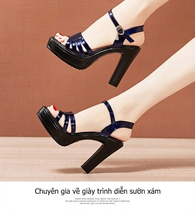 Giày Sandal Cao Gót Nữ Quai Ngang Da Bóng Gót Cao 10cm Màu Xanh Dương, Đen, Đỏ, Trắng... chi tiết 12