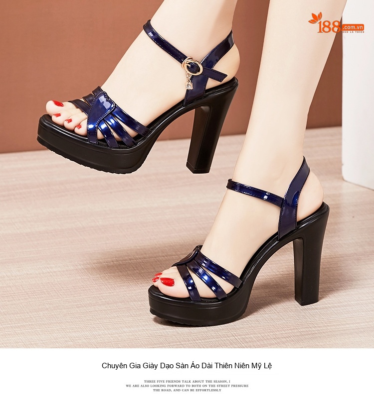 Giày Sandal Cao Gót Nữ Quai Ngang Da Bóng Gót Cao 10cm Màu Xanh Dương, Đen, Đỏ, Trắng... chi tiết 11