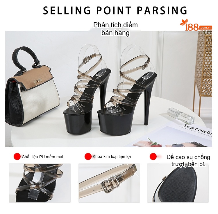 Giày Sandal Cao Gót Nữ Quai Trong Da Bóng Gót Cao 12cm Màu Đen, Đỏ, Hồng, Trắng... chi tiết 1