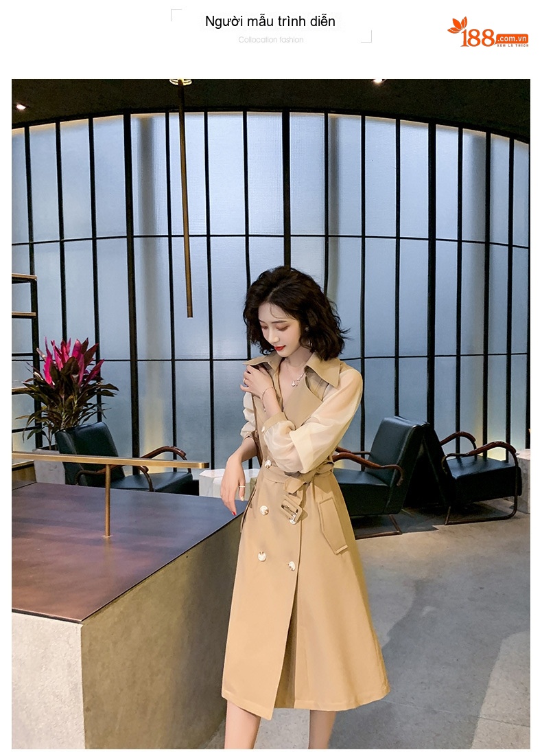 Áo Khoác Trench Coat Nữ Dáng Dài Vừa Phong Cách Hepburn Tay Lưới Màu Be chi tiết 3