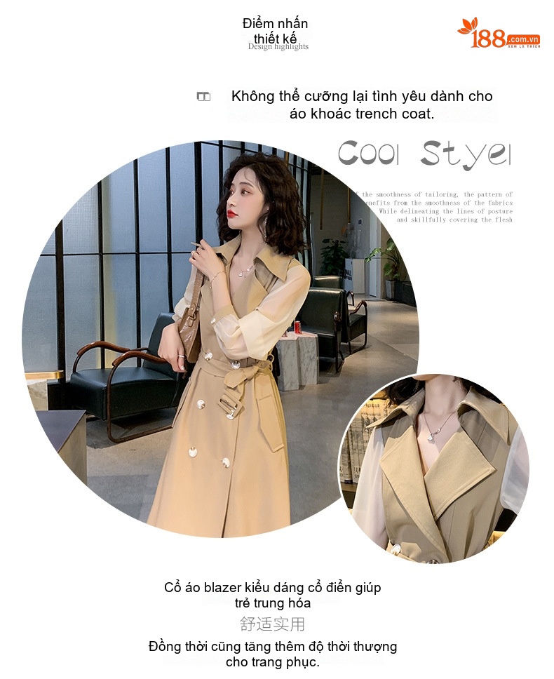 Áo Khoác Trench Coat Nữ Dáng Dài Vừa Phong Cách Hepburn Tay Lưới Màu Be chi tiết 1