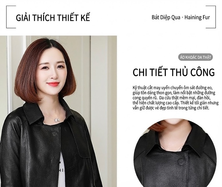 Áo Khoác Da Cừu Nữ Dáng Ngắn Màu Đen, Xanh Olive chi tiết 3