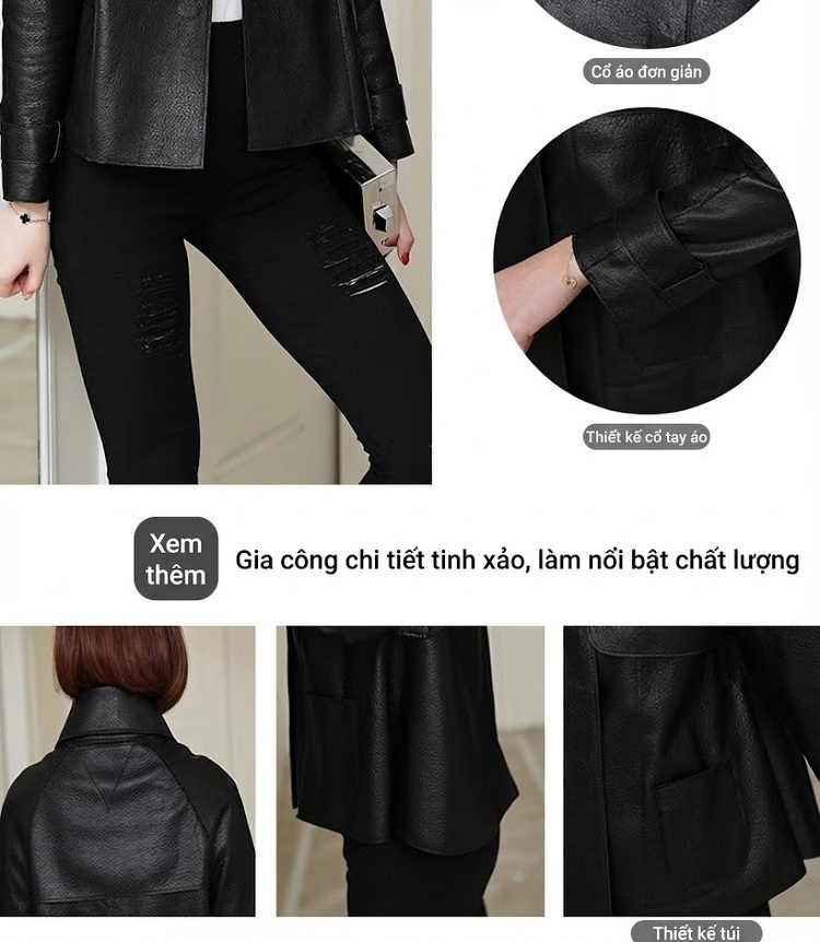 Áo Khoác Da Cừu Nữ Dáng Ngắn Màu Đen, Xanh Olive chi tiết 4