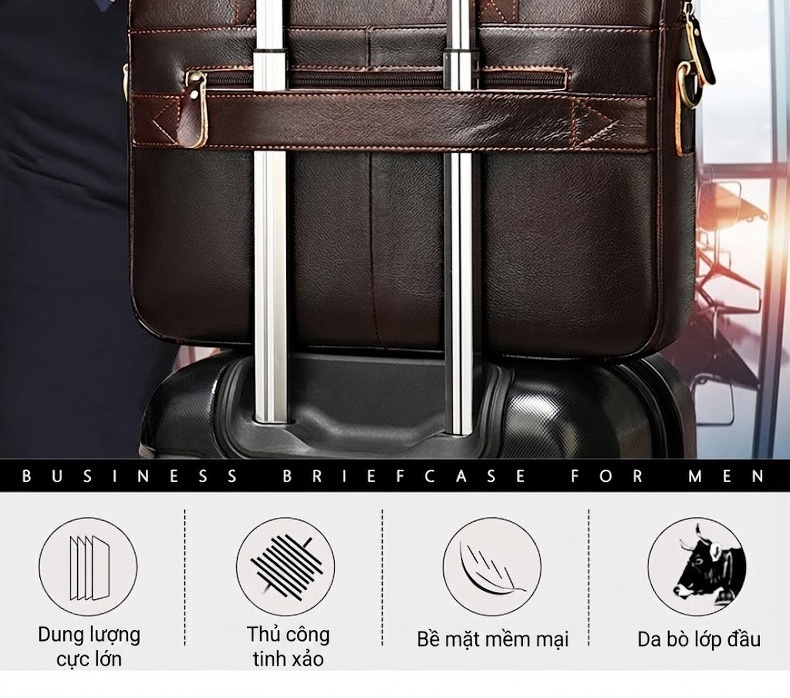 Túi Xách Công Sở Nam Da Thật Đựng Laptop Chống Sốc Có Dây Đeo Màu Nâu, Đen chi tiết 2