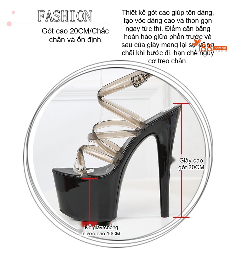 Giày Sandal Cao Gót Nữ Quai Trong Da Bóng Gót Cao 12cm Màu Đen, Đỏ, Hồng, Trắng... chi tiết 4