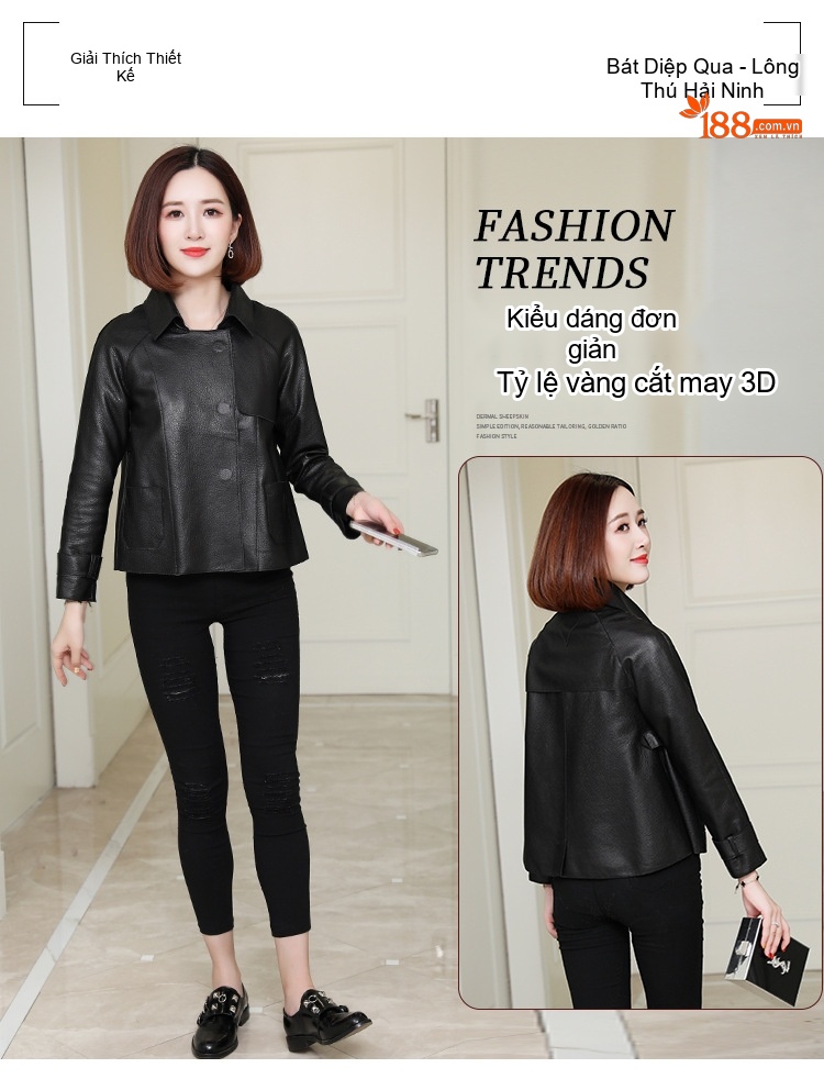 Áo Khoác Da Cừu Nữ Dáng Ngắn Màu Đen, Xanh Olive chi tiết 2