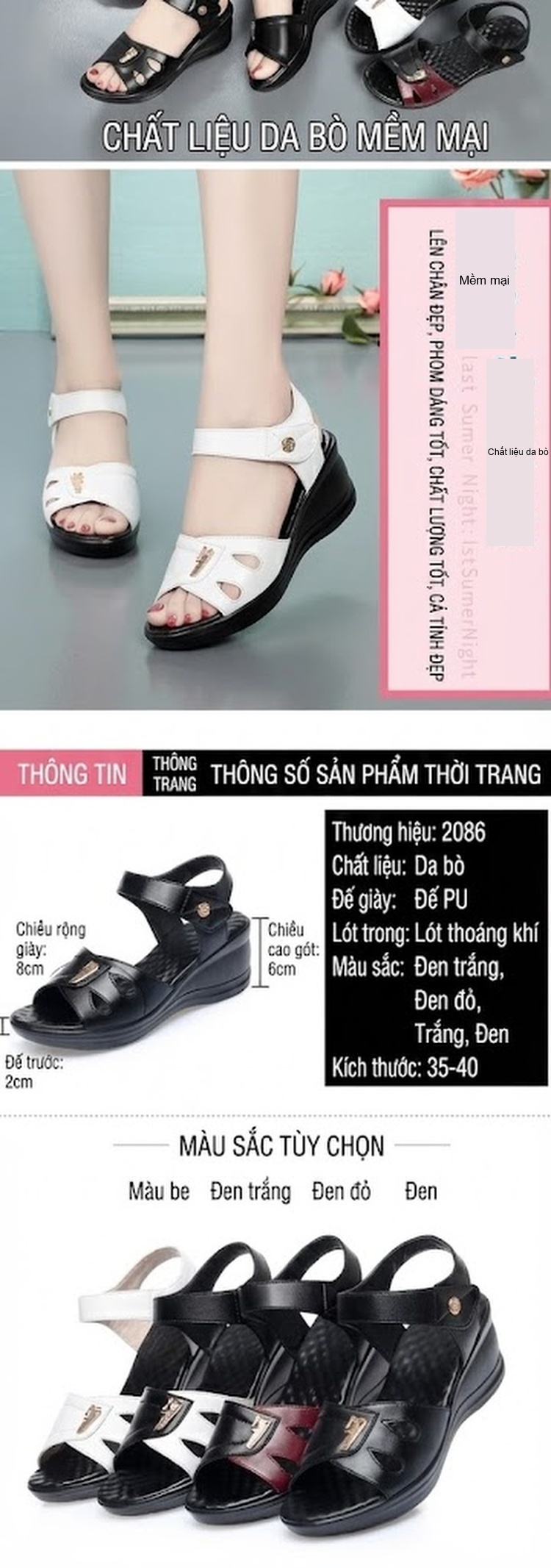 Dép Sandal Nữ Quai Ngang Đế Xuồng Da Bóng Đế Cao 4cm - 5cm Màu Đen, Trắng, Đỏ chi tiết 2