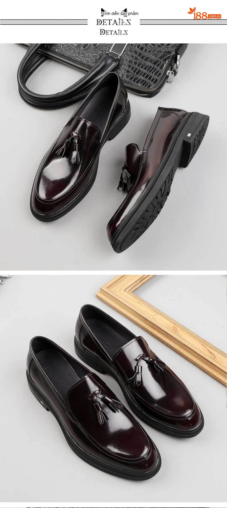 Giày Lười Nam Da Bò Phong Cách Anh Quốc Chiều Cao Đế Khoảng 3cm Màu Đen, Đỏ Rượu Vang chi tiết 5