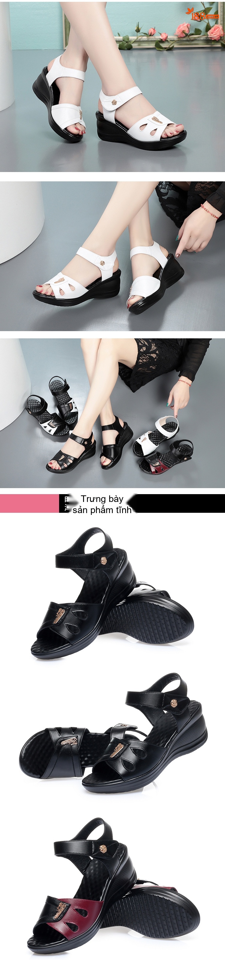 Dép Sandal Nữ Quai Ngang Đế Xuồng Da Bóng Đế Cao 4cm - 5cm Màu Đen, Trắng, Đỏ chi tiết 11