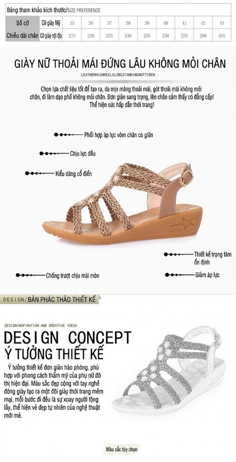 Dép Sandal Nữ Đế Xuồng Quai Dây Bện Bohemian Đính Đá Đế Cao 5cm - 6cm Màu Kem chi tiết 3