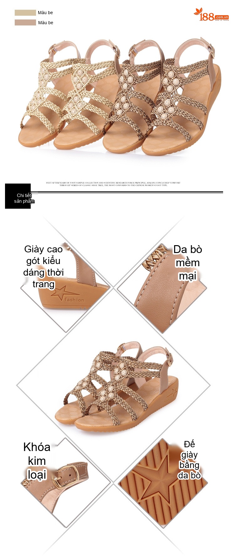Dép Sandal Nữ Đế Xuồng Quai Dây Bện Bohemian Đính Đá Đế Cao 5cm - 6cm Màu Kem chi tiết 4