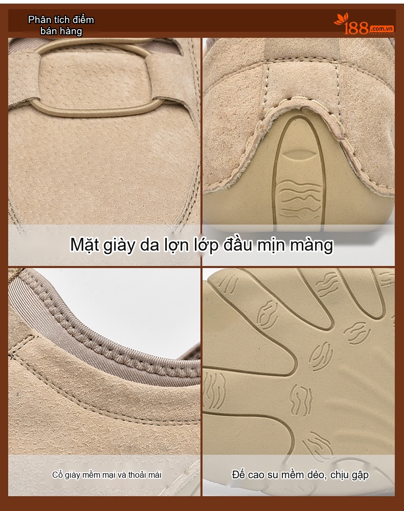 Giày Lười Nam Da Mờ Dáng Thể Thao Chiều Cao Đế Khoảng 2cm Màu Kem, Xám chi tiết 7