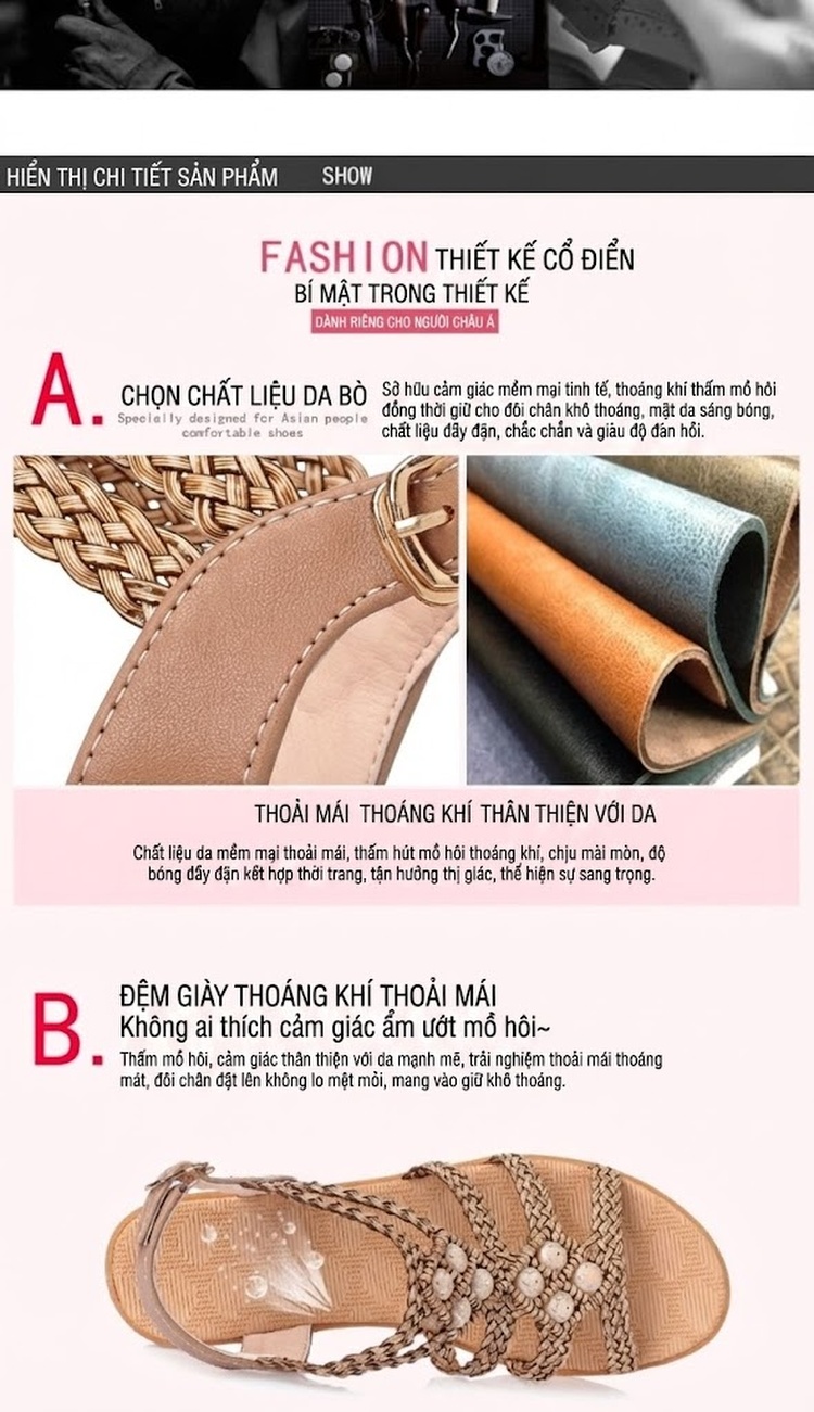 Dép Sandal Nữ Đế Xuồng Quai Dây Bện Bohemian Đính Đá Đế Cao 5cm - 6cm Màu Kem chi tiết 10