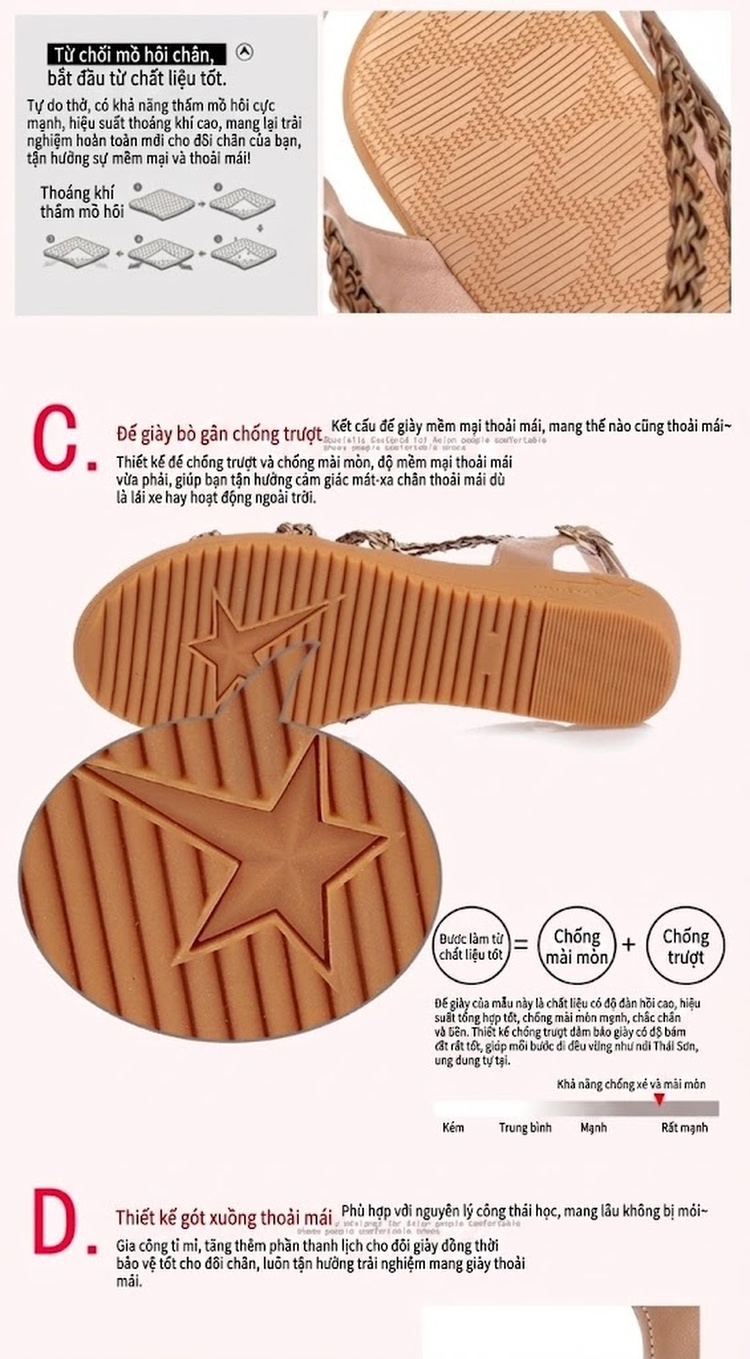 Dép Sandal Nữ Đế Xuồng Quai Dây Bện Bohemian Đính Đá Đế Cao 5cm - 6cm Màu Kem chi tiết 11