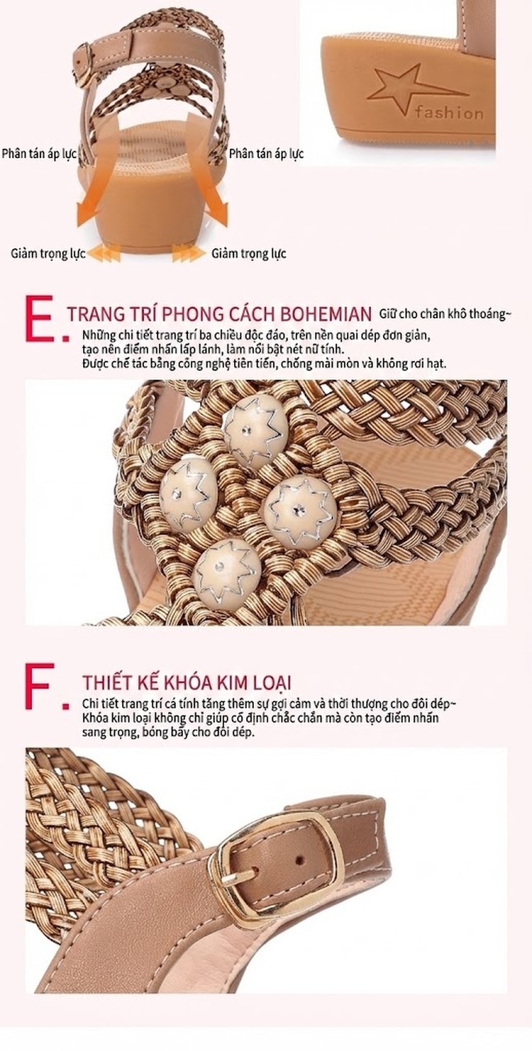 Dép Sandal Nữ Đế Xuồng Quai Dây Bện Bohemian Đính Đá Đế Cao 5cm - 6cm Màu Kem chi tiết 12