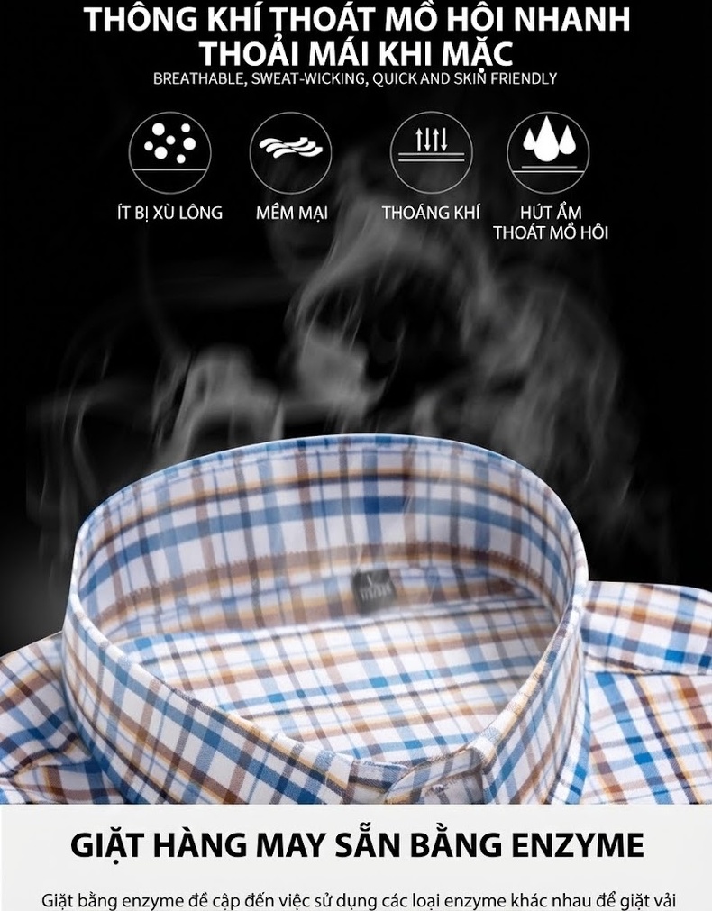 Áo Sơ Mi Nam Cotton Họa Tiết Kẻ Sọc Mỏng Nhẹ Màu Trắng, Đen, Xám, Xanh chi tiết 4