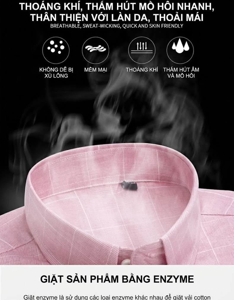 Áo Sơ Mi Nam Cotton Mỏng Nhẹ Họa Tiết Kẻ Caro Công Sở Màu Hồng, Xanh Dương, Xanh Lá, Xám... chi tiết 2