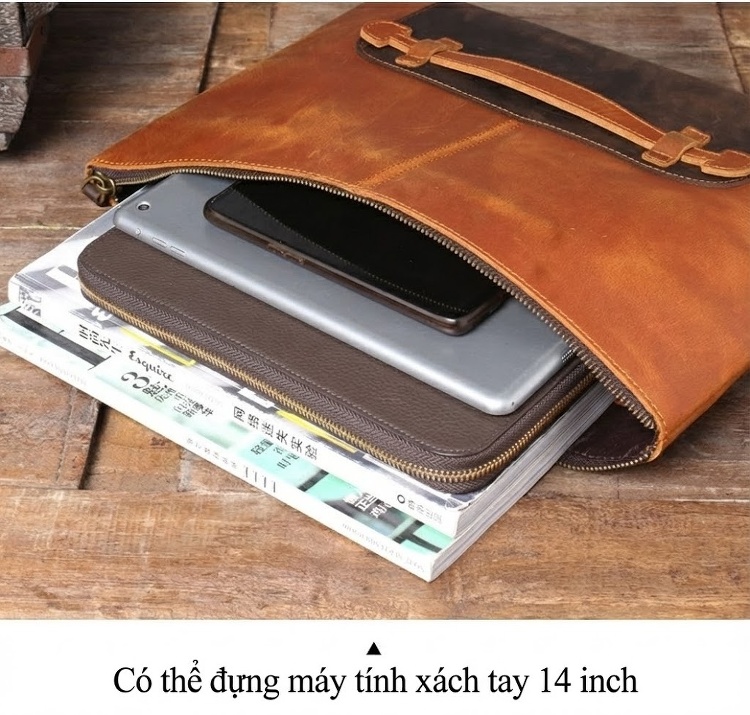Túi Đựng Tài Liệu/Laptop Nam Nữ Da Bò Thủ Công Cỡ Lớn Màu Nâu, Đen chi tiết 15