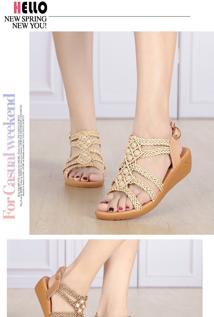 Dép Sandal Nữ Đế Xuồng Quai Dây Bện Bohemian Đính Đá Đế Cao 5cm - 6cm Màu Kem chi tiết 7