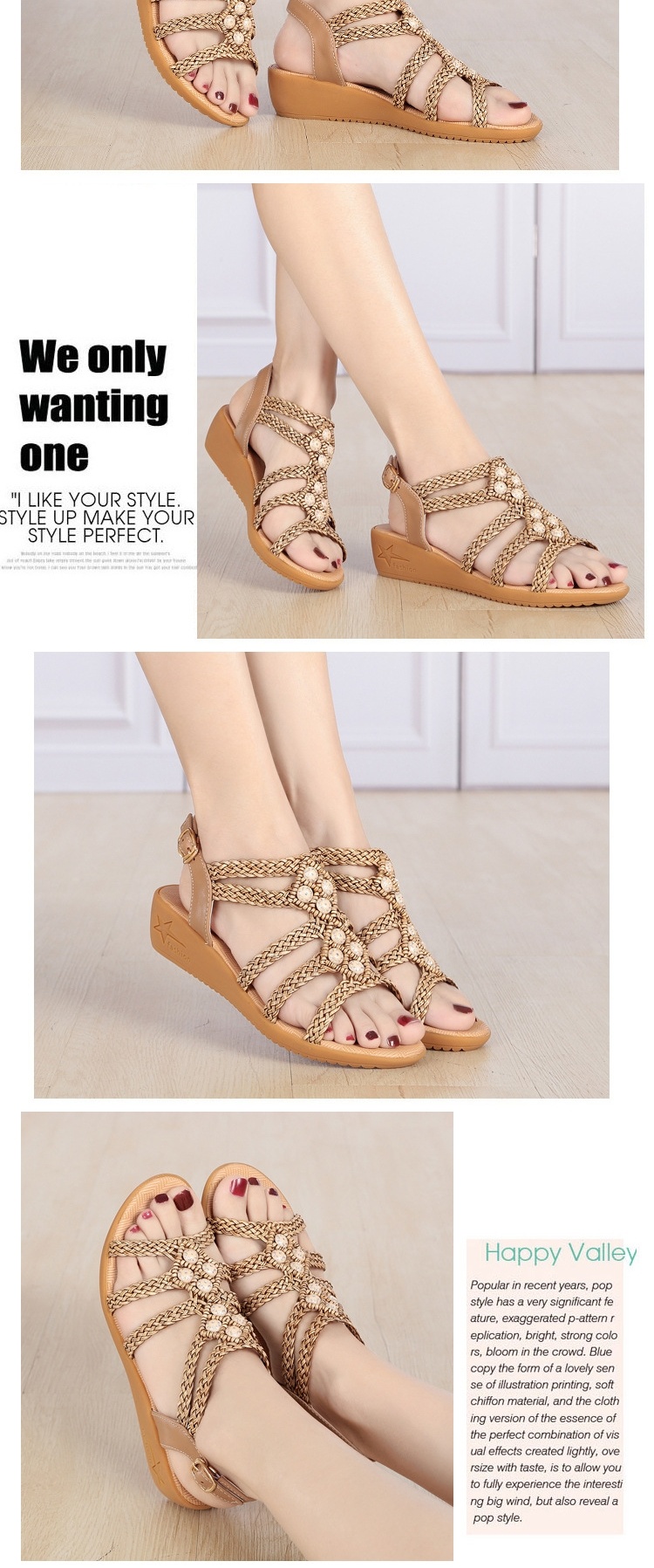 Dép Sandal Nữ Đế Xuồng Quai Dây Bện Bohemian Đính Đá Đế Cao 5cm - 6cm Màu Kem chi tiết 8