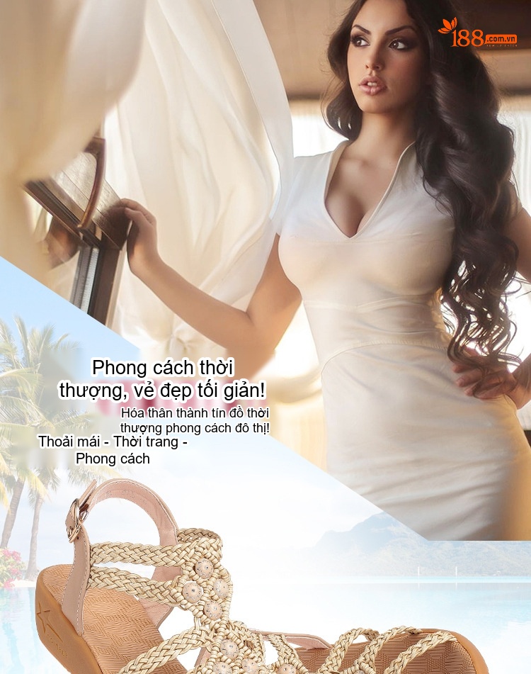 Dép Sandal Nữ Đế Xuồng Quai Dây Bện Bohemian Đính Đá Đế Cao 5cm - 6cm Màu Kem chi tiết 1
