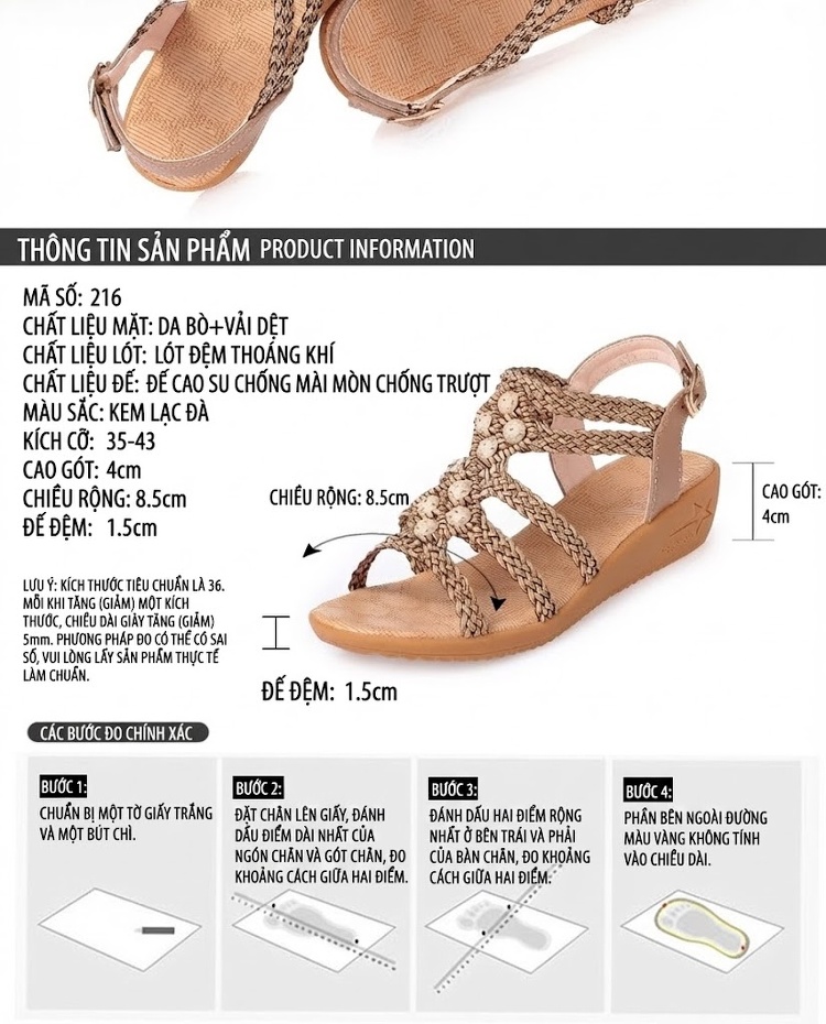 Dép Sandal Nữ Đế Xuồng Quai Dây Bện Bohemian Đính Đá Đế Cao 5cm - 6cm Màu Kem chi tiết 2