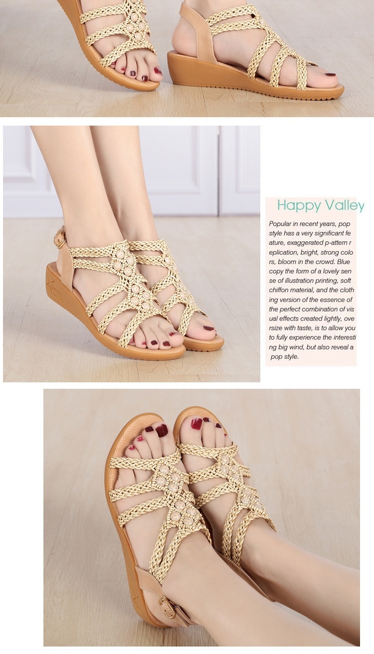 Dép Sandal Nữ Đế Xuồng Quai Dây Bện Bohemian Đính Đá Đế Cao 5cm - 6cm Màu Kem chi tiết 6