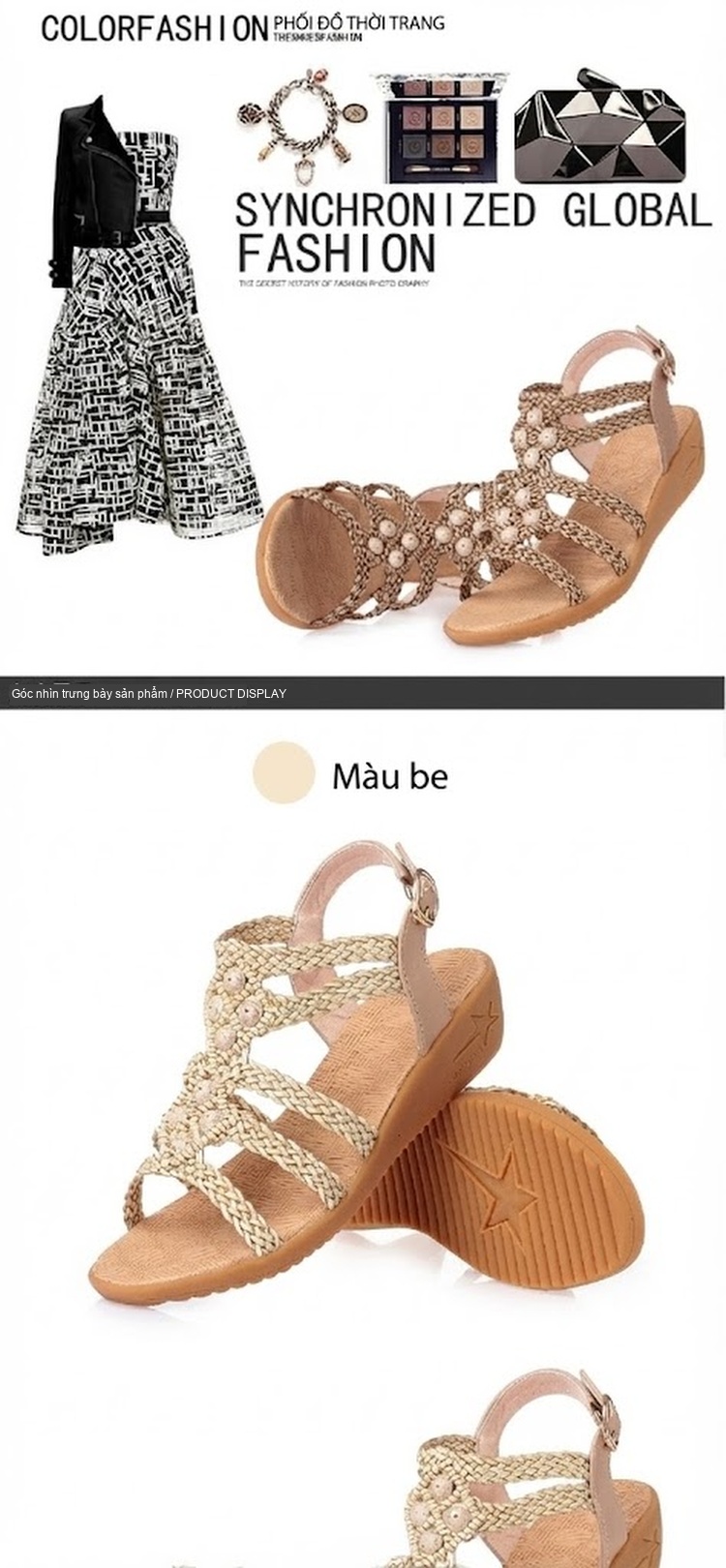 Dép Sandal Nữ Đế Xuồng Quai Dây Bện Bohemian Đính Đá Đế Cao 5cm - 6cm Màu Kem chi tiết 13