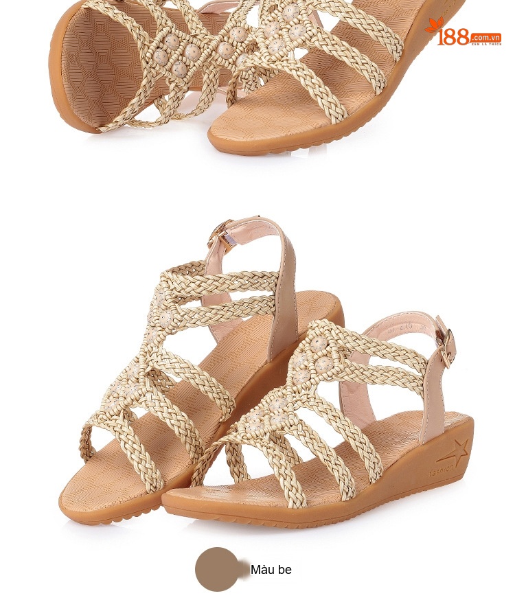 Dép Sandal Nữ Đế Xuồng Quai Dây Bện Bohemian Đính Đá Đế Cao 5cm - 6cm Màu Kem chi tiết 14