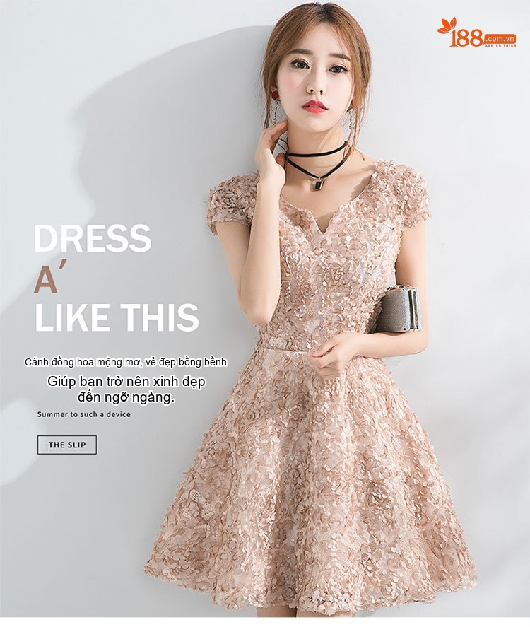 Váy Dự Tiệc Mini Tay Ngắn Cổ chữ V Chữ A Phong Cách Pháp Màu Vàng Be, Đen chi tiết 1