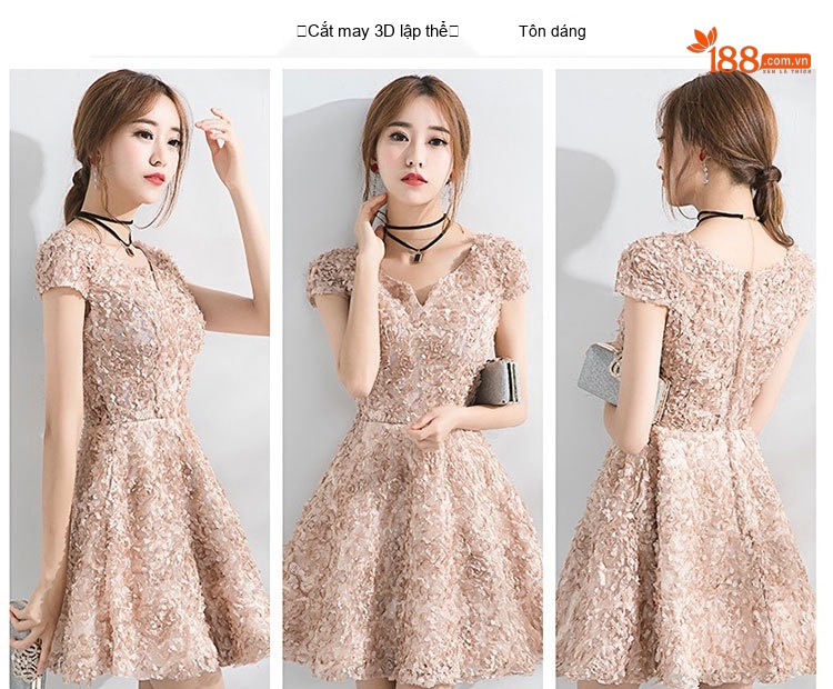 Váy Dự Tiệc Mini Tay Ngắn Cổ chữ V Chữ A Phong Cách Pháp Màu Vàng Be, Đen chi tiết 4