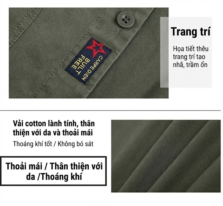 Áo Khoác Nam Cotton Ngắn Tay Dài Nhiều Túi Phong Cách Casual Màu Đen, Nâu, Xanh... chi tiết 7