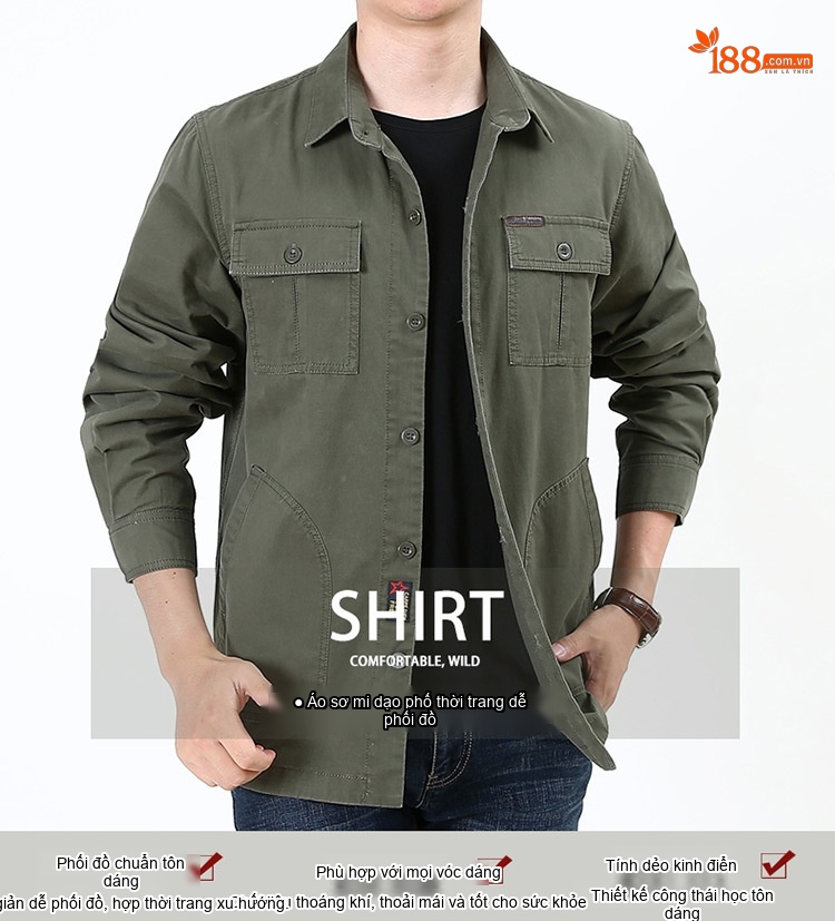 Áo Khoác Nam Cotton Ngắn Tay Dài Nhiều Túi Phong Cách Casual Màu Đen, Nâu, Xanh... chi tiết 1