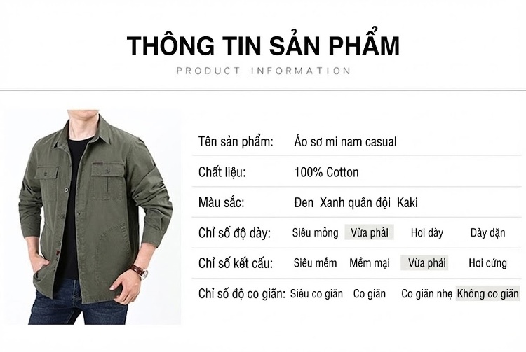 Áo Khoác Nam Cotton Ngắn Tay Dài Nhiều Túi Phong Cách Casual Màu Đen, Nâu, Xanh... chi tiết 3