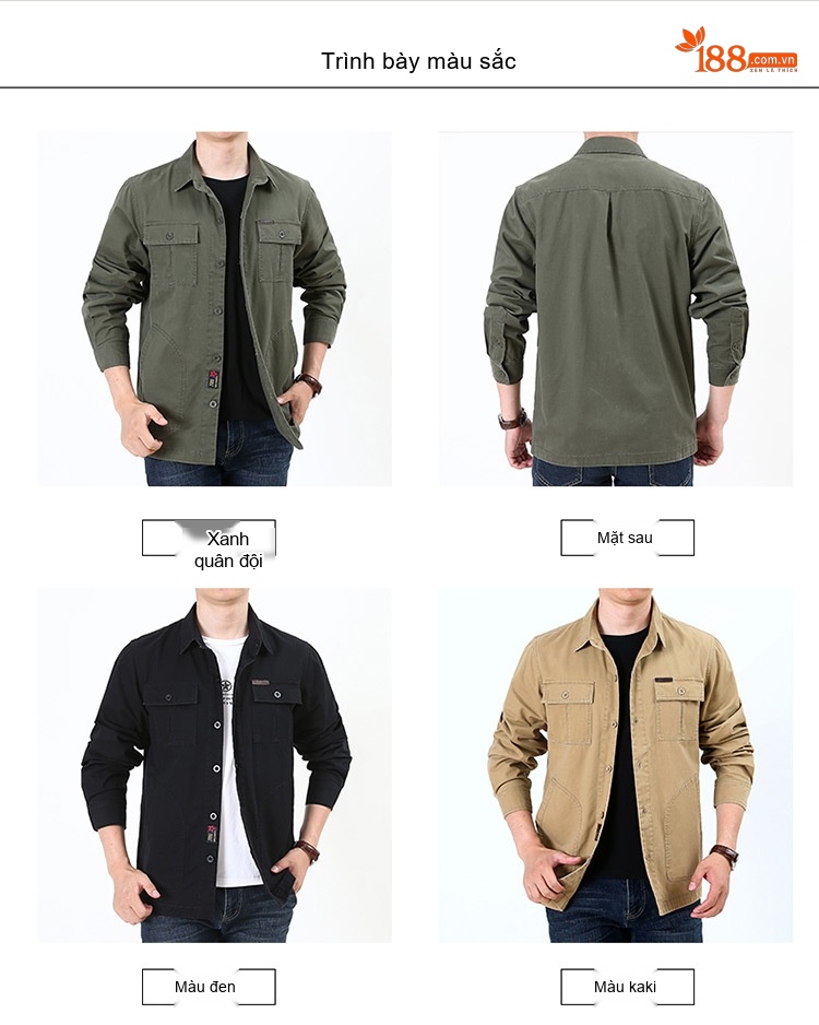 Áo Khoác Nam Cotton Ngắn Tay Dài Nhiều Túi Phong Cách Casual Màu Đen, Nâu, Xanh... chi tiết 2