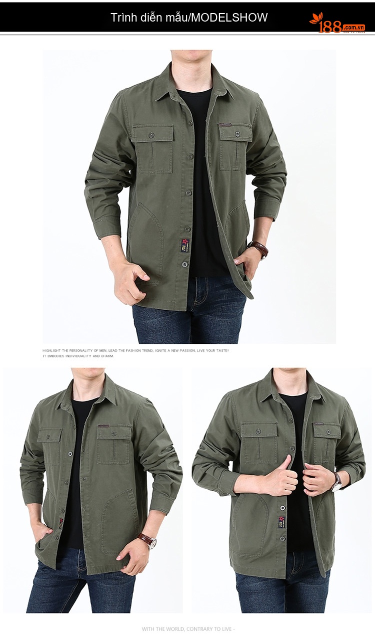 Áo Khoác Nam Cotton Ngắn Tay Dài Nhiều Túi Phong Cách Casual Màu Đen, Nâu, Xanh... chi tiết 8