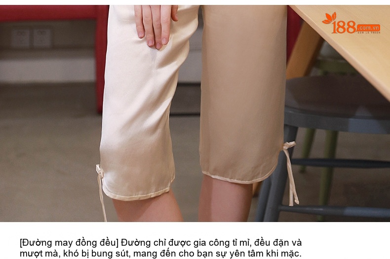 Bộ Đồ Ngủ Lụa Tơ Tằm 100% Tay Ngắn Quần Lửng Ren Gợi Cảm Cho Nữ Màu Hồng, Đỏ, Vàng Kem chi tiết 14