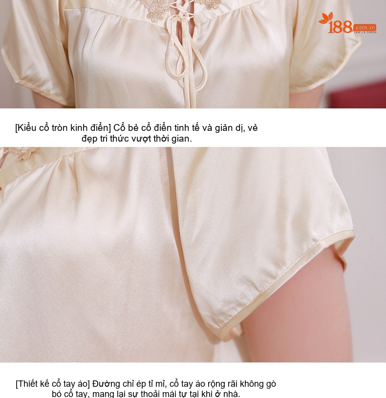 Bộ Đồ Ngủ Lụa Tơ Tằm 100% Tay Ngắn Quần Lửng Ren Gợi Cảm Cho Nữ Màu Hồng, Đỏ, Vàng Kem chi tiết 13