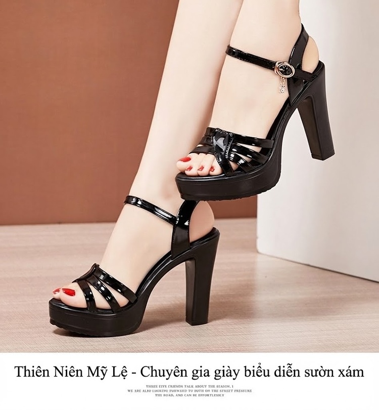 Giày Sandal Cao Gót Nữ Quai Ngang Hở Ngón Da Bóng Gót Cao 10cm Màu Đen, Đỏ, Trắng, Vàng Kim... chi tiết 13